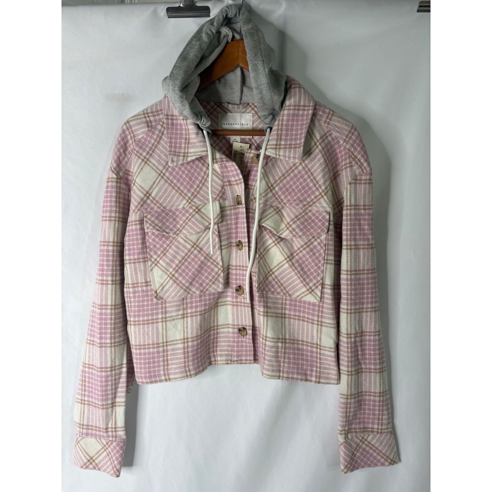 Aeropostale Womens Pink Plaid Cropped Hooded Flannel Shirt Shacket Medium NEW